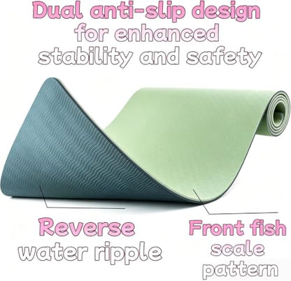 Yoga Mat Non Slip, 8mm TPE Exercise Mat with Carrying Strap, Eco Friendly Fitness Mat for Yoga Pilates Gym Workout, 72" x 24" - color: Green + Light Gray