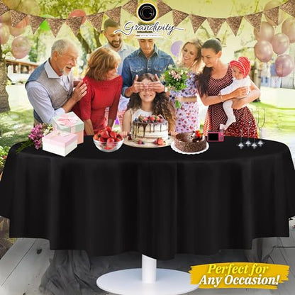 Grandipity Plastic Table Cloth Disposable 12 Pack 84" Round Black | Plastic table covers, durable disposable tablecloths, fade and tear-resistent table cover for party, event - color: Black, size: 84in. Round