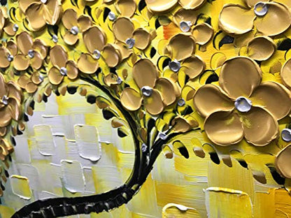 YaSheng Art -Large Wall Art ,100% Hand Painted Gold Flowers Contemporary Art Oil Painting,3D Wall Art Texture Floral Tree Paintings, Wall Art for living room Bedroom Office Wall Deco Home, Abstract Canvas Art Paintings Framed Wall Art Pictures 60 by24 inc