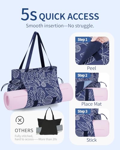 sportsnew Yoga Mat Bag Waterproof Tote Gym Bag Mat Carrier W/Wet Pocket | hook-and-loop mat holder 5s quick access, 40oz handled bottle pocket, wet bag, lightweight waterproof, drawstring pockets,19L - color: Navy Blue Leaves