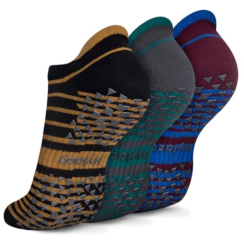 Hylaea Unisex Non Slip Socks with Grip for Yoga, Hospital, Pilates, Barre | Ankle, Cushioned | Breathable Cotton, Thick Cushioned Sole, Anti-Slip, Ankle Protection, Men Women, Ideal for Yoga, Barre, Hospital & Home Use - color: 3 Pairs Stripe, size: Large