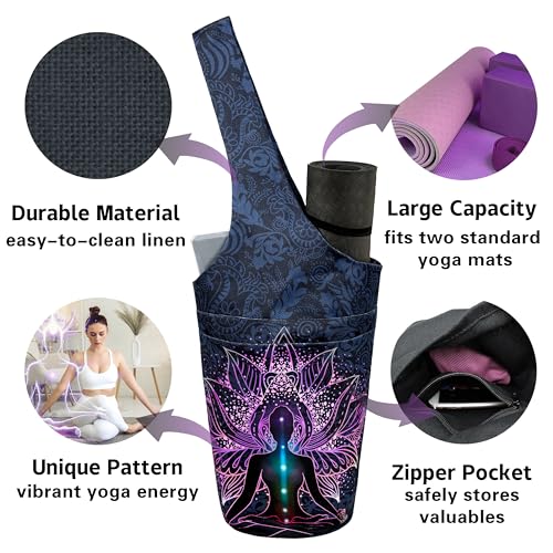 Yoga Mat Bag Carrier for Women with Side Large Pocket Durable Linen Workout Gym Travel Storage Pilates Mats - color: Spiritual Meditation