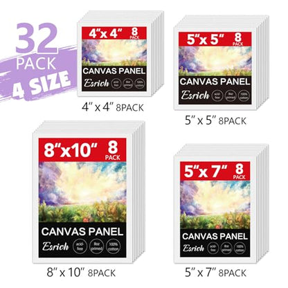 ESRICH Canvas for Painting, 32 Pack Multi-Size Canvas Boards for Painting 8pcs of Each 4x4, 5x5, 5x7, 8x10 Blank Canvases-Cotton Primed Painting Canvas Panels for Adult & Kids for Acrylic Oil Paint - size: 32 pack（4x4 5x5 5x7 8x10)