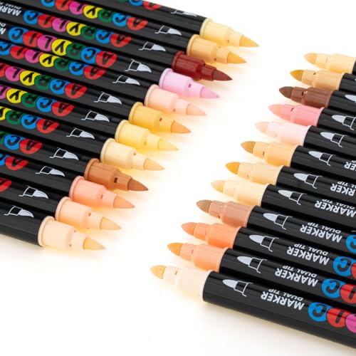 Acrylic Paint Markers, 24 Skin Tone Markers - Dual Tip Art Pens with Brush & Fine Point for Rock Painting, Fabric, Canvas, Wood, DIY Crafts - Flesh Tone Craft Paint & Art Supplies