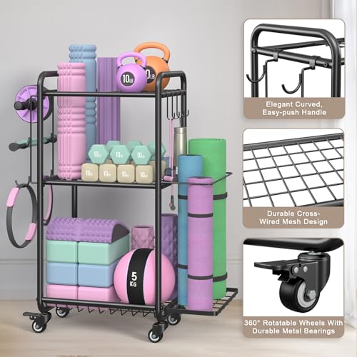 Multi-Functional Home Gym Storage Rack with Wheels and Hooks - color: Black