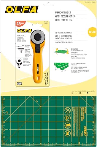 OLFA Fabric Cutting Kit (RTY-2CYEL/ST-01) - 45mm Cutter & 12x18 Mat | 45mm Rotary Cutter and 12x18 self-healing mat bundle - Quilting and fabric cutting - Quilters and Crafters