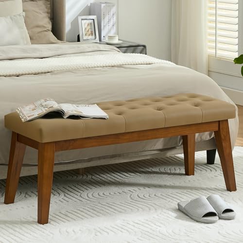 43.5'' Faux Leather Bedroom Bench, Upholstered End of Bed Bench with Tufted Button, Padded Vintage Dining Bench, Entryway Bench with Solid Wood Legs, Kitchen, Living Room, Hallway, Light Brown Tufted - color: Light Brown-pu-tufted