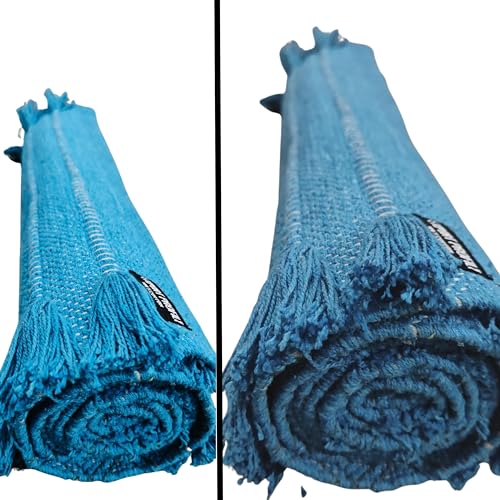 Indian Handmade100 % Organic Anti Skid Multi Colour Cotton Yoga Mat - Eco-Friendly Hand-Woven Rug - Non-Slip & Thick (24”x72”x5mm) for Hot yoga & Everyday Fitness at Home - Comfortable & Foldable Extra-Long Mat - color: Blue