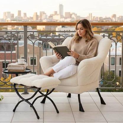 Tiita Lazy Chair with Ottoman, Comfy Reading Accent Chair, Plush Beige | Foldable Footrest, Padded Seat and Backrest, Side Pocket for Lounging in Living Rooms, Bedrooms, Dorms and Small Spaces - color: Plush-beige