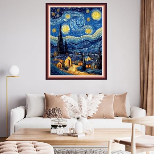 Fanxvivy Stamped Cross Stitch Kits for Beginners Full Range of Cross Stitching Preprinted Embroidery Kits for Adults, 11CT Embroidery Pattern Needlepoint Kits-Van Gogh's House Starry Sky 16x20 inch - color: Artdesign06