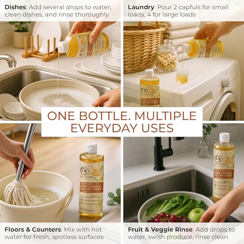Dr. Jacobs Naturals Almond Castile All-in-One Cleaner and Soap - Plant-Based Formula for House Cleaning Floors and Appliances - Gentle on Skin and the Planet - 32 oz, 2 Pack - size: 32 Fl Oz (Pack of 2), style: Almond