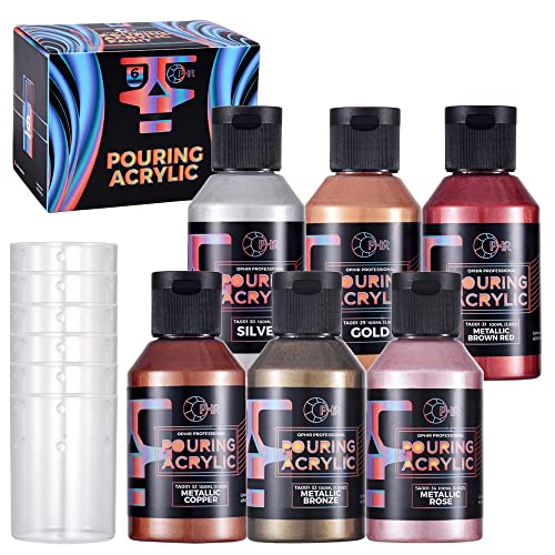 OPHIR Metallic Acrylic Pour Paint Kit, 6 Colors for Fluid Art Projects | 6 Metallic Acrylic Colors Create Shimmering Effects for Fluid Art on Canvas, Wood, Rocksand Craft Surfaces - color: 6 Metallic Colors Set