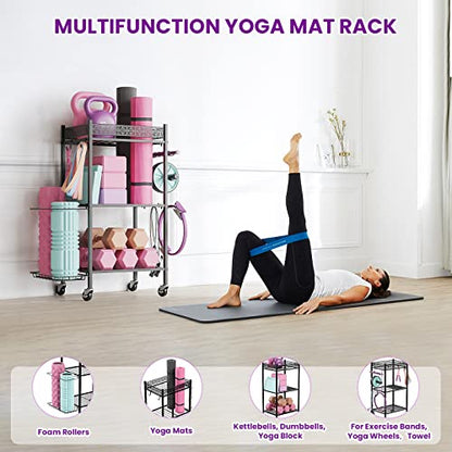 VOPEAK Home Gym Storage Rack, 3-Tier Yoga Mat Storage with Wheels & Hooks - color: BLACK