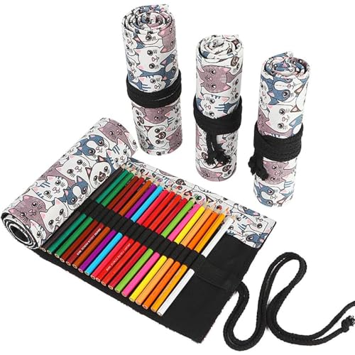 DIYOMR 12/24/36/72 Slots Pencil Wrap Roll, Artist Colored Roll Up Bag, Short Brush Pouch Case Organizer for Drawing Coloring and Sketching, No Pencils (Big Headed Cat, 12slots) - color: Big Headed Cat, size: 12slots