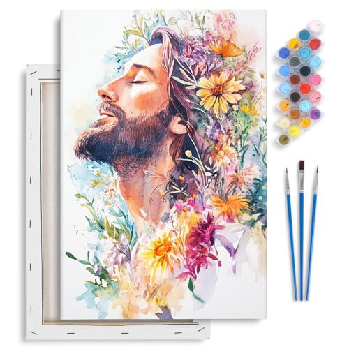 Yezavesu Framed Paint by Numbers Kit for Adults Beginner & Kids Ages 8-12, Jesus Paint by Numbers with Frame, DIY Number Painting for Adults Colorful Flowers for Home Wall Decor Gift 8X 12 inch | With Frame Canvas 8x 12 inch, DIY Acrylic Painting by Numbe