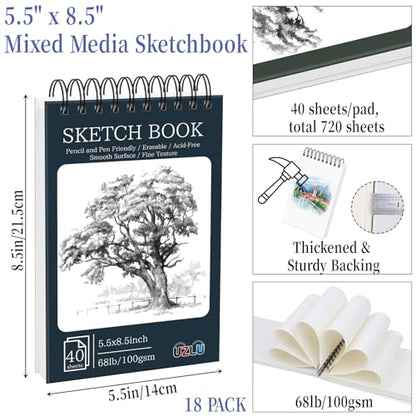 18 Pack Sketch Books Bulk 5.5x8.5 Inch Top Spiral Bound Sketch Pad 720 Total Sheets 6-Color Small Sketchbook 68lb/100gsm Acid-Free Drawing Paper for Students Beginners Travel Classroom Art Supplies - size: 5.5 x 8.5 in