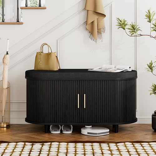 DHH 2-Tier Storage Bench,Wide Shoe Bench with Thickened Padded Seat Cushion, Mid Century Modern Fluted Sliding Door and Adjustable Shelf, for Entryway, Living Room, Bedroom (Black, 35.4“) - color: Black, size: 35.4 inch