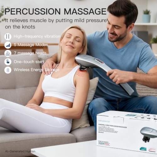 MEGAWISE Handheld Back Massager | Deep Tissue Percussion Massage for Back, Neck, Shoulders, Waist and Legs (Cordless Silver) - color: Silver
