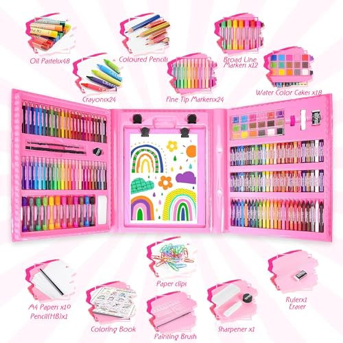 208 PCS Art Supplies Kit for Kids Girls Boys Ages 6-12, Drawing Set with Trifold Easel, Includes Coloring Book, Scissors, Sticker, Origami Paper Crayons, Markers, Colored Pencils, Watercolors - color: Pink