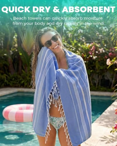 6 Pack Turkish Beach Towels Vacation Essentials with Bag Quick Dry Sand Free Soft Absorbent Adult Bath Pool Swim Long Wide Stripe Towel Cloud Linen Sandfree Mat Summer Thing Lightweight Travel Blue - color: Thinner Blue, size: 72 x 36 inch