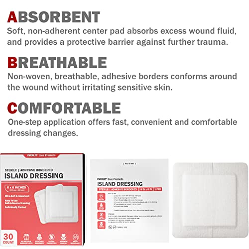 EVERLIT Island Dressing Bordered Gauze | Large Wound Care Bandage with Adhesive Border| Sterile, Soft & Highly Absorbent Medical Grade Dressing Pad (6x6 Inch (Pack of 90)) - size: 6x6 Inch (Pack of 90)