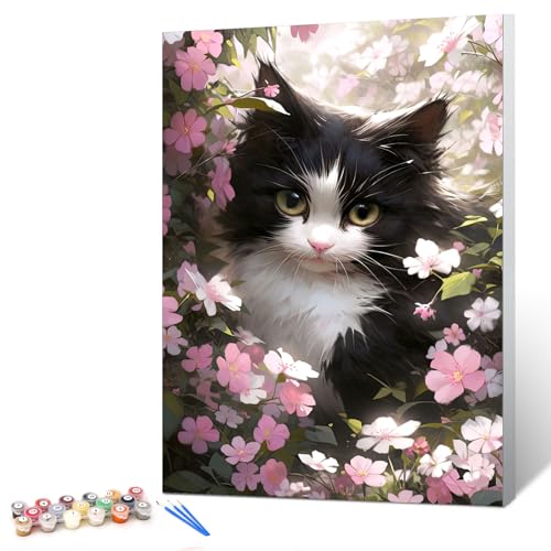 Ginkko Paint by Numbers Kit for Adults Beginner & Kids Ages 8-12 with Wooden Frame Easy Acrylic on Canvas 8x12 inch with Paints and Brushes, Cat Flower (Include Framed) - color: catflower framed, size: 8x12 Inch