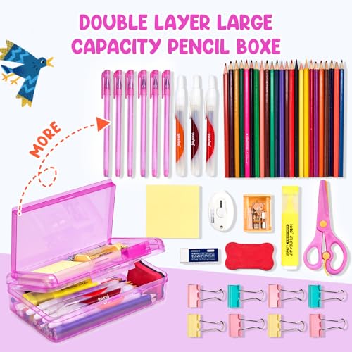 GAMENOTE Plastic Pencil Box with Personalized Sticker,Kid Hard Pencil Case with Snap-tight Lid,Small Art Craft Storage Containers,School Supplies Box for Boys,Girls (Double-Layer Purple) - color: Double-Layer Purple