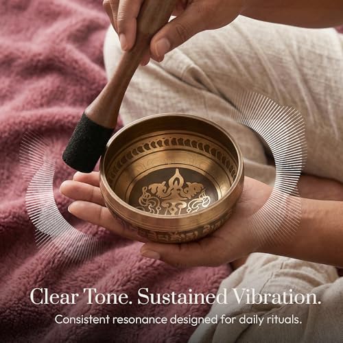 Silent Mind Tibetan Singing Bowl Set – Easy to Play & Beginner Friendly Meditation Bowl with Cushion & Mallet | Stress Relief & Mindfulness | Gift-Ready - color: Gold, size: Without Case