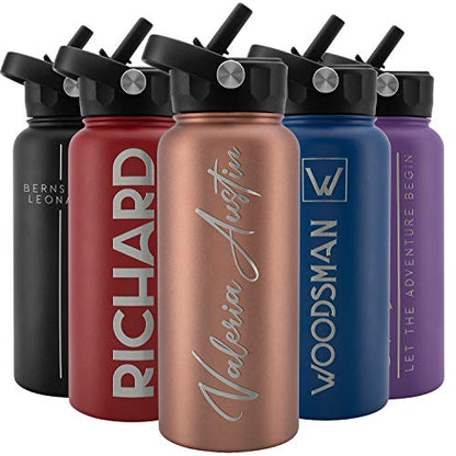 Amazing Items Personalized Water Bottle w/Straw & Lid, 32 oz - Rose Gold | Custom Stainless Steel Sports Water Bottle w/Name and Text - Double-Wall, Vacuum Insulated - Rotating Handle - color: Rose Gold, size: 32 Ounces