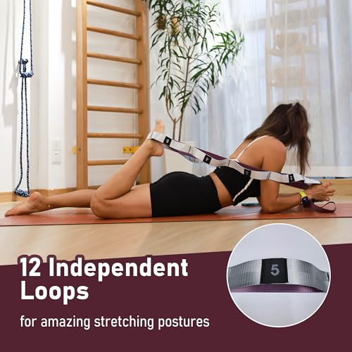 Stretch Bands for Exercise, Non Elastic Yoga Stretching Strap with Loops, 3.8cm x 2.45m, Stretching Bands for Physical Therapy, Yoga, Pilates, Dance, Gymnastics Exercise - color: Purple