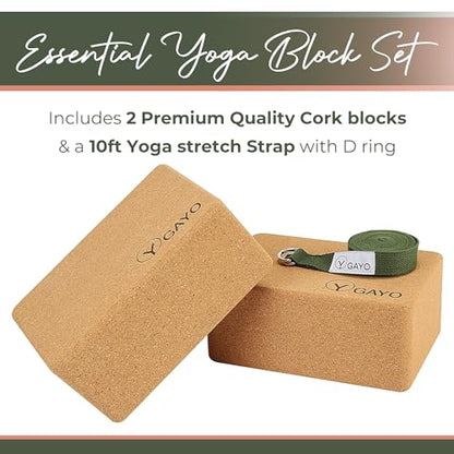 Y O Gayo Premium Cork Yoga Blocks – Durable & Sturdy Natural Cork Yoga Blocks for Stability, Balance, Alignment, Stretching, and Support in Yoga & Pilates