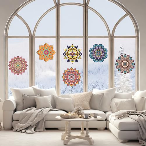 Diamond Art Stained Glass Window Clings, 12 Pcs DIY Mandala Window Stickers | PVC material, 7 inches, diamond DIY pen and markers, craft hobby for women, creative art kit, home decor, adhesive backing