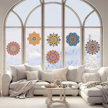 Diamond Art Stained Glass Window Clings, 12 Pcs DIY Mandala Window Stickers | PVC material, 7 inches, diamond DIY pen and markers, craft hobby for women, creative art kit, home decor, adhesive backing