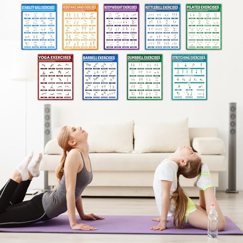 9Pcs Exercise Poster Set Workout Chart Posters Dumbbell Kettlebell Yoga Stretching Pilates Resistance Bands Stability Ball Body Weight Dumbbell Physical Educational Fitness Decoration for Home Gym
