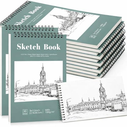 12 Pack Sketch Books 9 × 12 in, Top Spiral, 30 Sheets, Acid Free Paper | 100gsm Paper, Hardcover with Rigid Backboard, Lay-Flat Top Spiral, for Pencil, Charcoal, Ink & Sketching - color: Light Cyan, size: 9 × 12Inch（12 Pack）