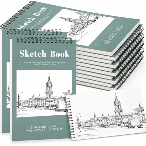 12 Pack Sketch Books 9 × 12 in, Top Spiral, 30 Sheets, Acid Free Paper | 100gsm Paper, Hardcover with Rigid Backboard, Lay-Flat Top Spiral, for Pencil, Charcoal, Ink & Sketching - color: Light Cyan, size: 9 × 12Inch（12 Pack）