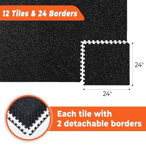 SUPERJARE 0.4'' Thick 12 Pcs 48 Sq Ft Rubber Top Exercise Equipment Mats, High Density EVA Foam Mats with Rubber Top, Interlocking Gym Flooring for Home Gym, Protective Workout Mat, Black/Grey - size: 12 Tiles (48 Sq Ft)