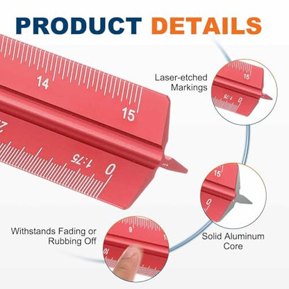 HARFINGTON 2 Pcs Architectural Scale Ruler, 12 Inch Metric Aluminum Alloy Architect Triangular Small Scale Laser-Etched Blueprint Drafting Ruler for Architects Engineers, Red - color: Red, size: 12 Inch