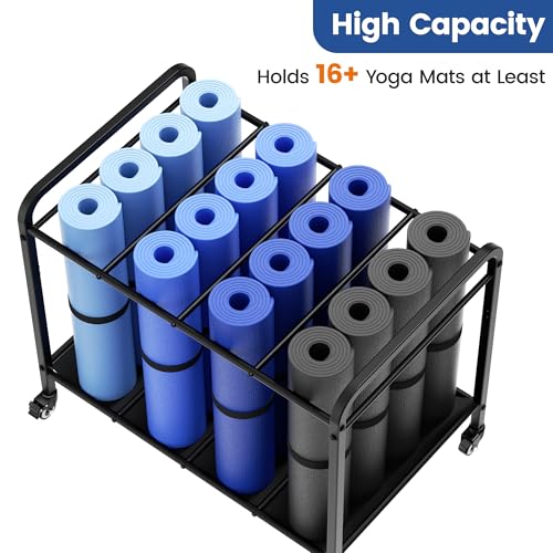 Heavy-Duty Rolling Yoga Mat Storage Cart, Holds 16+ Mats, Commercial-Grade Floor-Standing Metal Yoga Mat Rack for Gym,Fitness Classes, Yoga Studio & Home Gym, Black