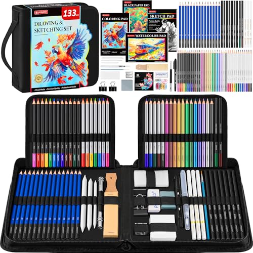 133 Pack Drawing Set Sketching Kit, Pro Art Supplies Sketch Pencils Set | with Sketch Book, Coloring Book, Watercolor Pad, Black Paper Pad, Graphite Colored Charcoal Watercolor & Metallic Pencils - color: Black, size: 133 Pack