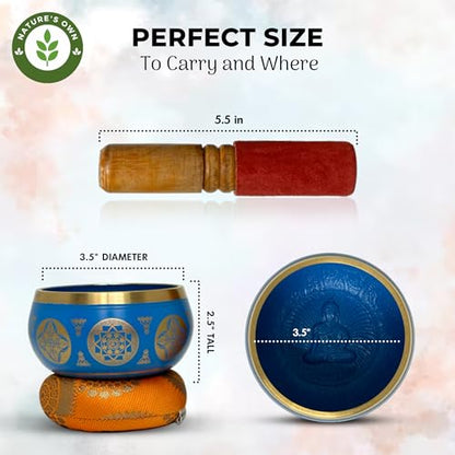 Nature's Own Tibetan Singing Bowl Set- Easy to Play- Meditation Sound Bowl Handcrafted in Nepal for Yoga, Mindfulness, Chakra Healing, Stress Relief- Spiritual Gifts for Women and Men (3.5 Inch, Blue) - color: Blue