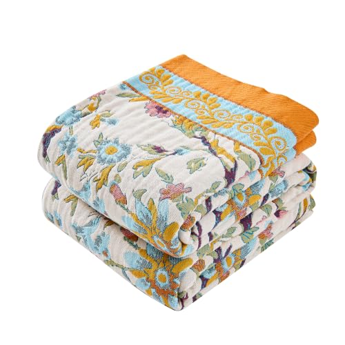 VANJOROY Boho Throw Blanket, 100% Organic Cotton Breathable Skin-Friendly Ultra Soft 50" x 60" Bed Quilt Throw - Floral Rustic Decor Luxury Reversible Blanket for Sofa Couch Chair and Gift, - color: K-boho-floral, size: Throw (50" X 60")