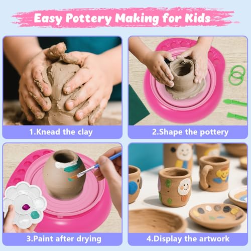 Pottery Wheel for Kids with Air Dry Clay Kit, 12 Paints & Tools, Ages 6-12 | No kiln needed: shape on the electric wheel, air-dry & paint. Gentle beginner speed; kit adds 3 clay packs, tools & apron - color: rose