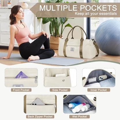 Gym Bag for Women Men with Shoes Compartment,Sports Duffle Bag Personal item travel Duffel Bags Tote Bag Small Carry on Weekender Overnight Bag Workout Dance Bag Hospital Holdalls Beige Brown - color: A19-Beige Brown