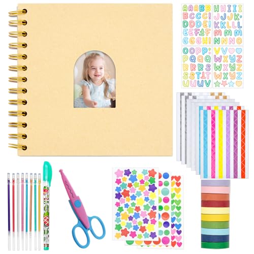 Kid Scrapbook DIY Photo Album Hard Cover Scrapbook Kit for Kids Instant Camera Print Paper with DIY Accessories (Brown) - color: Brown