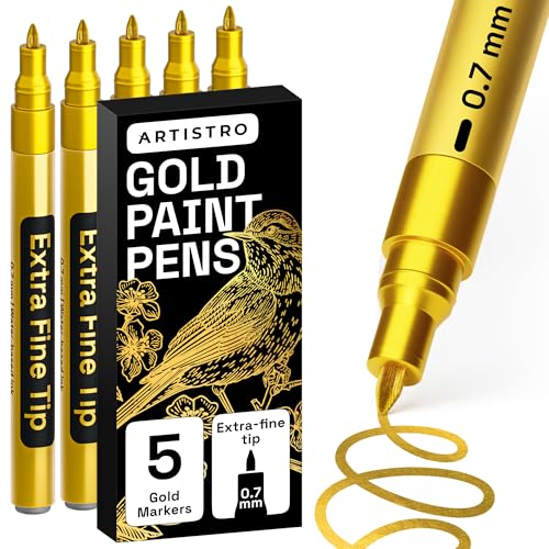 ARTISTRO Gold Paint Pens - Extra-Fine Tips - Set of 5 | Acrylic Paint Markers, Water-Based, For Rock, Glass, Ceramic, Wood, Tire, Fabric, Metal, Canvas, Marking, Painting - color: Gold, style: Extra Fine Tip