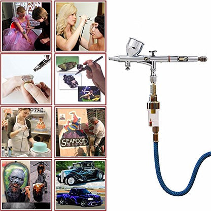 Pinkiou Airbrush Kit with Different Nozzle and Needles Muti-Purpose Dual Action Airbrush Sets with Air Brush 0.2 0.3 &0.5mm Needles and Air Hose for Hobby Model Painting Tattoo Cake Nail Art - color: silver