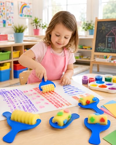 STOBOK Kids Paint Rollers Set, 8Pcs Sponge Painting Brushes with Large and Pattern Rollers for Finger Painting, Art Craft, Classroom Projects and Home DIY Crafts