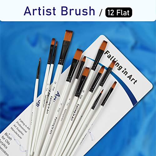Falling in Art 12 PCS Professional Flat Paint Brushes Set | Artist Brushes for Watercolor, Oil Painting, Acrylic, Face Body Nail Art, Crafts, Rock Painting - size: 12 Pcs Flat Nylon