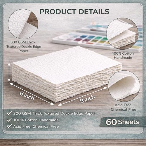 60 Sheets 300 GSM White Cotton Watercolor Paper, 6 x 8 inch Textured Deckled Edge, Ideal for Wedding Invitation, Watercolors, Cards, Crafts - color: 60 pcs, size: 6 x 8inch